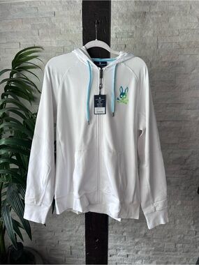 Psycho Bunny White “Drake” Zip Jacket Hoodie with Aqua Trim New with Tags